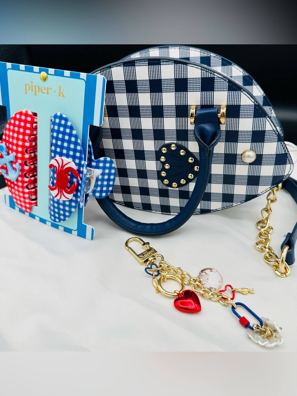NWT Betsey Johnson XOSEA Gingham Fish Bag Custom Bag Charm Piper K Clips Bundle